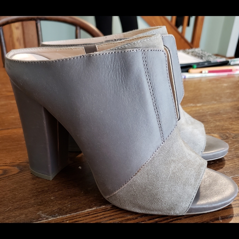 Gray Saks Fifth Avenue peep toe mules